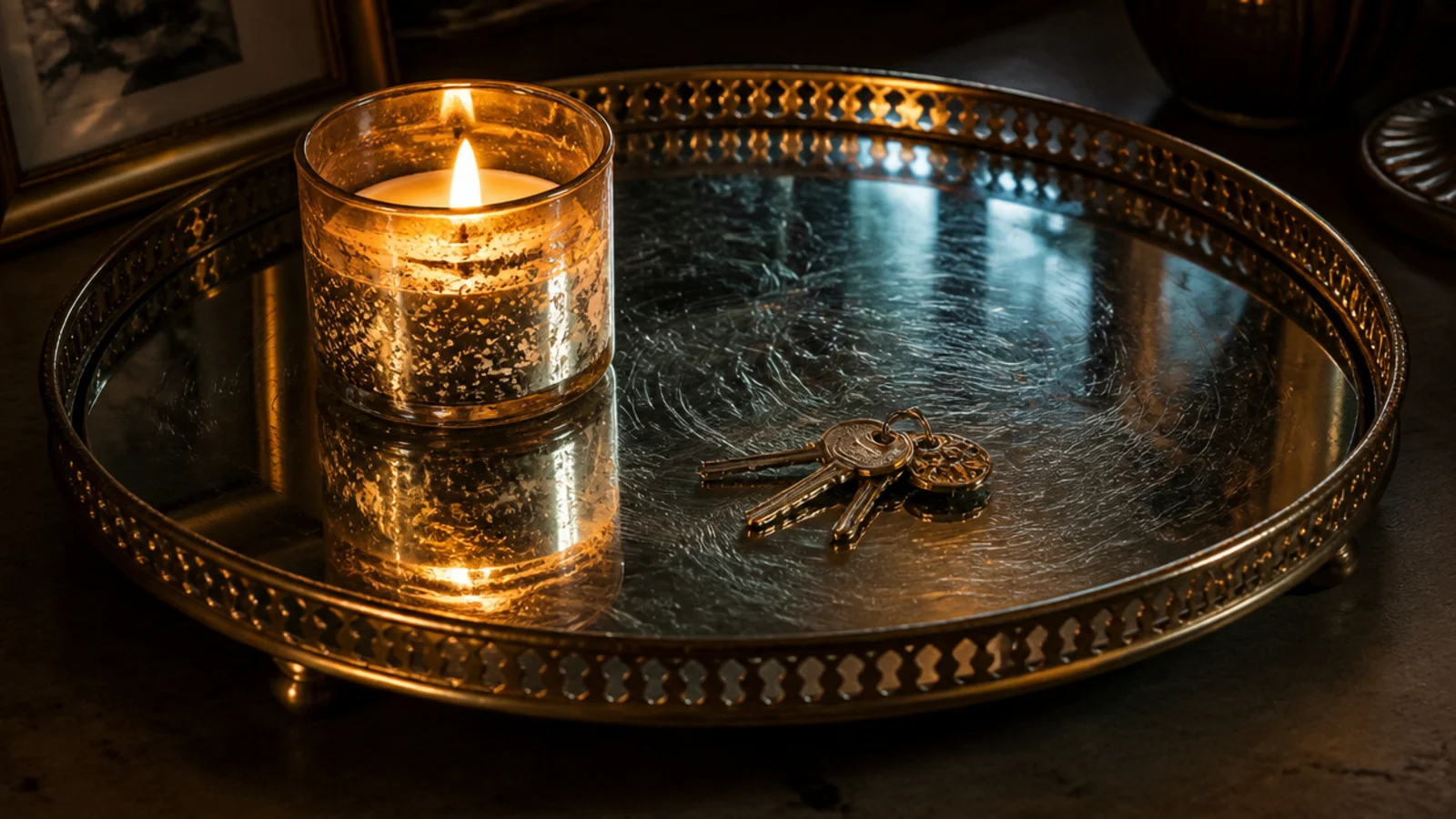 mirrored tray surface covered in fine circular scratches under light