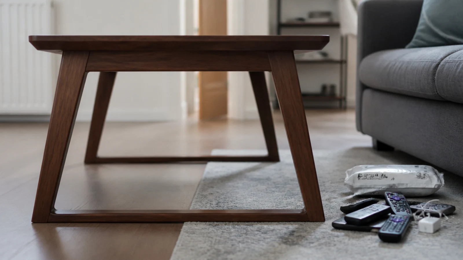 bare legged table with remotes cables and post piled on the floor