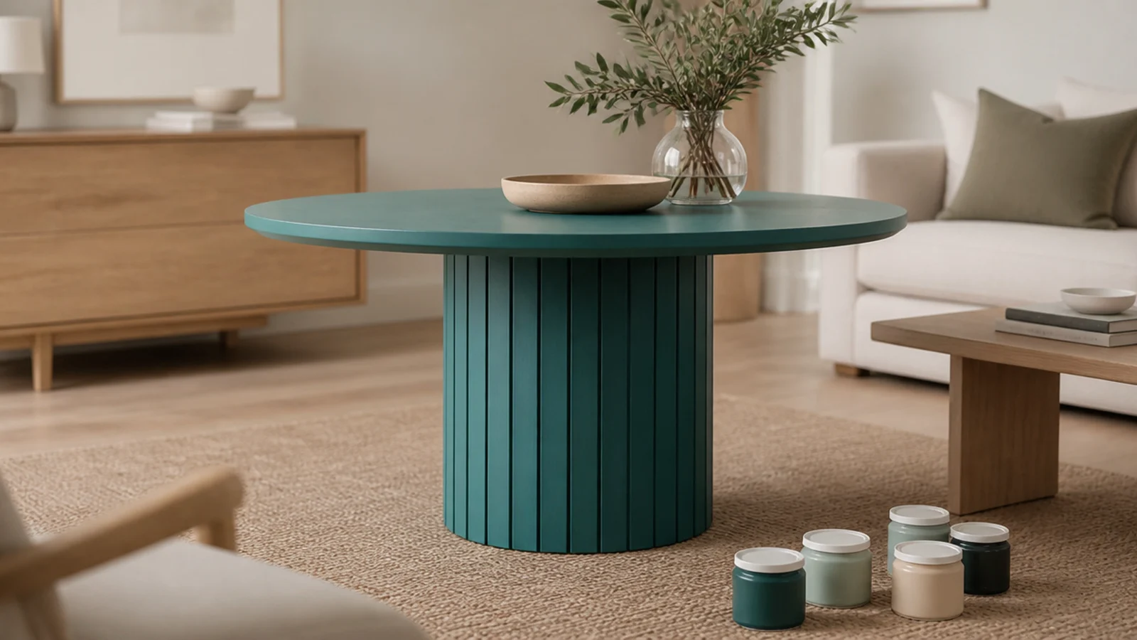 table base painted a dated trend colour beside neutral furnishings