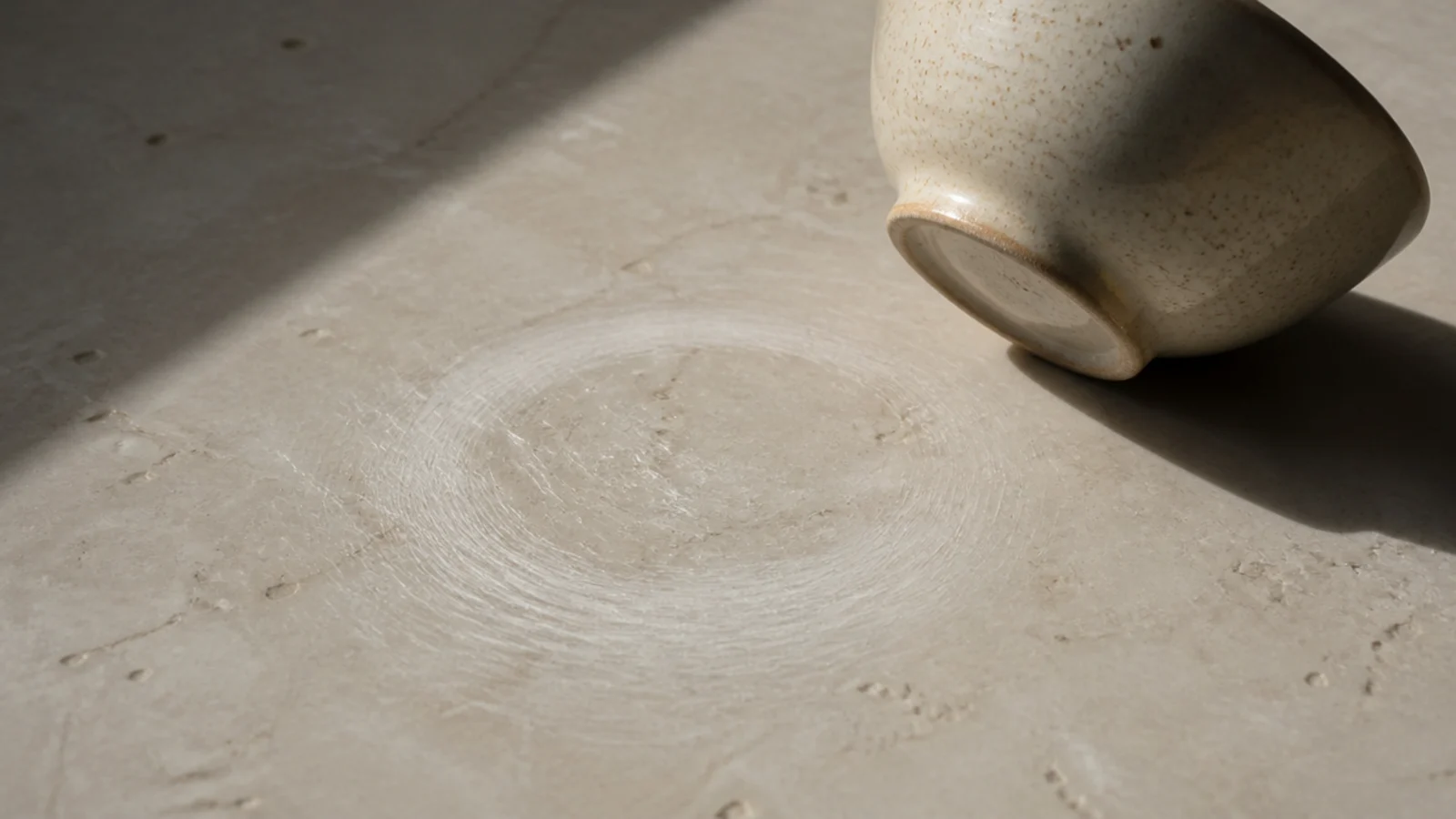 fine circular scratches on a polished stone top around a bowl base