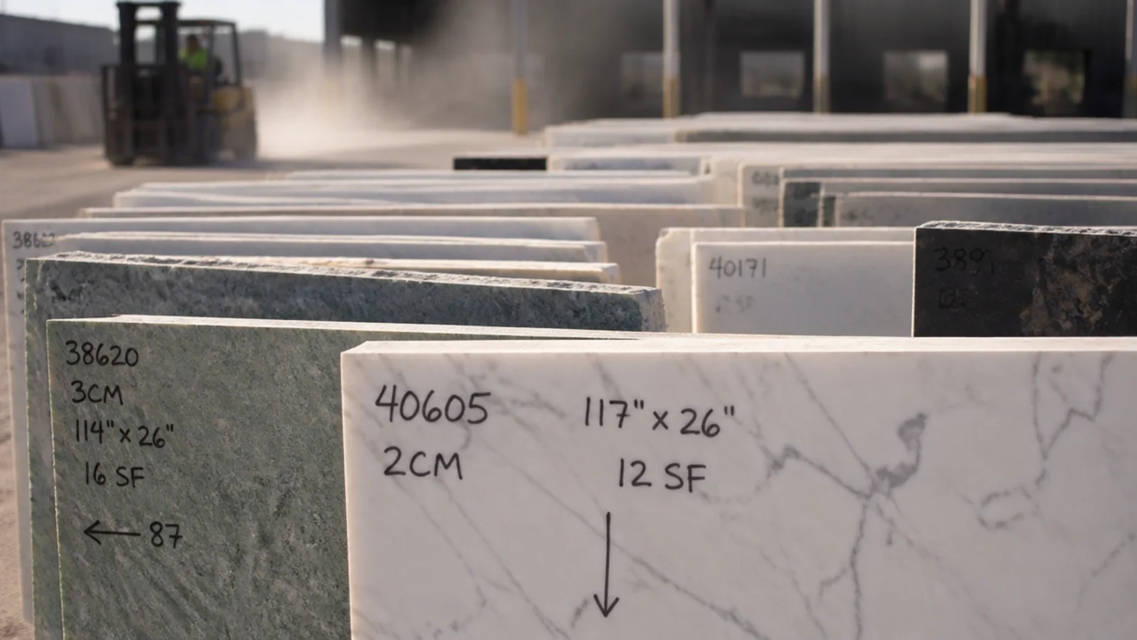 stone remnant offcuts stacked upright in a fabricator yard for selection