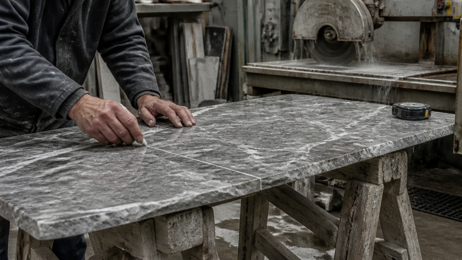 small marble offcut being measured with a chalk line for a table top