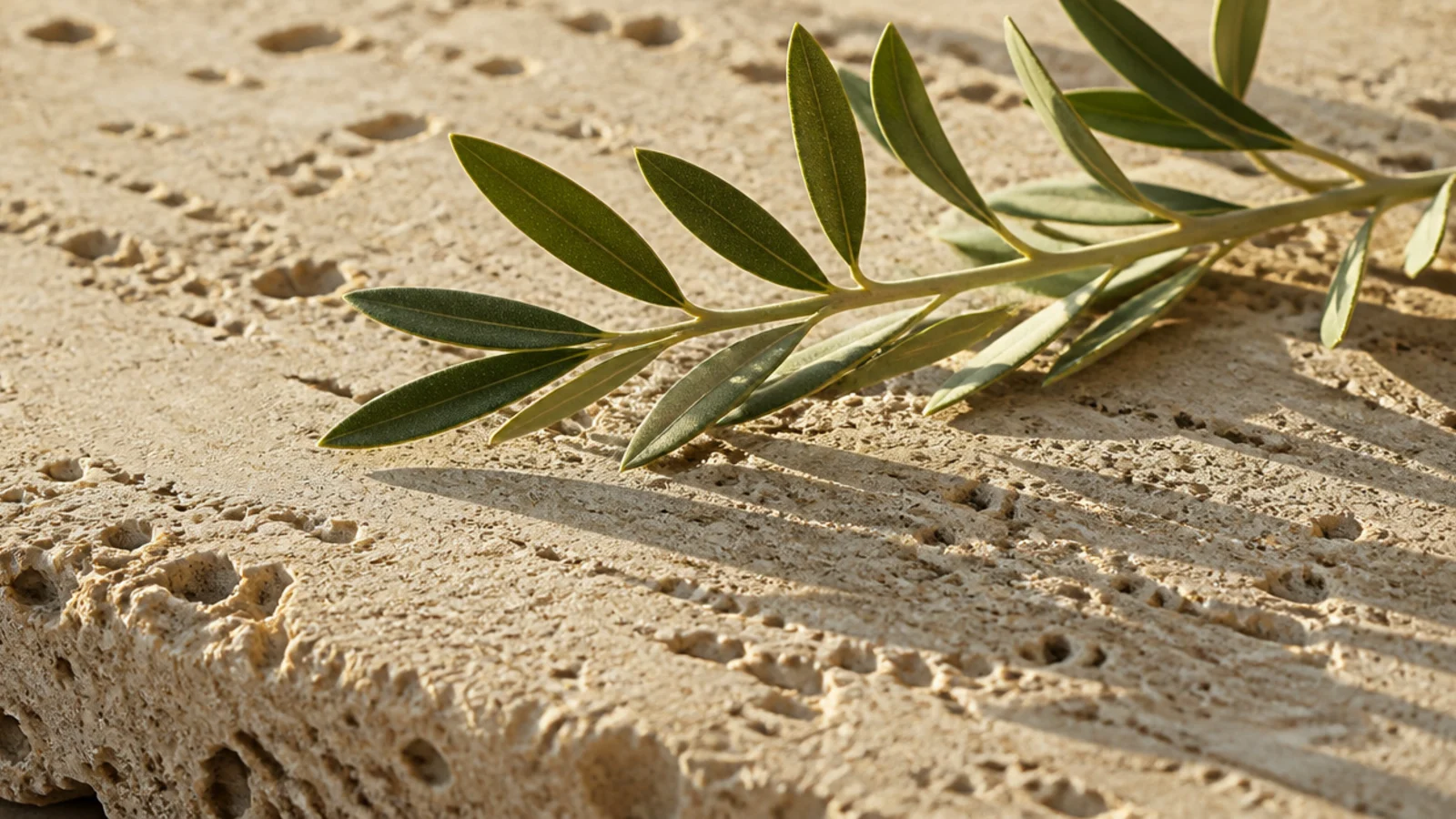 cream travertine table surface with open pitted grain in low light