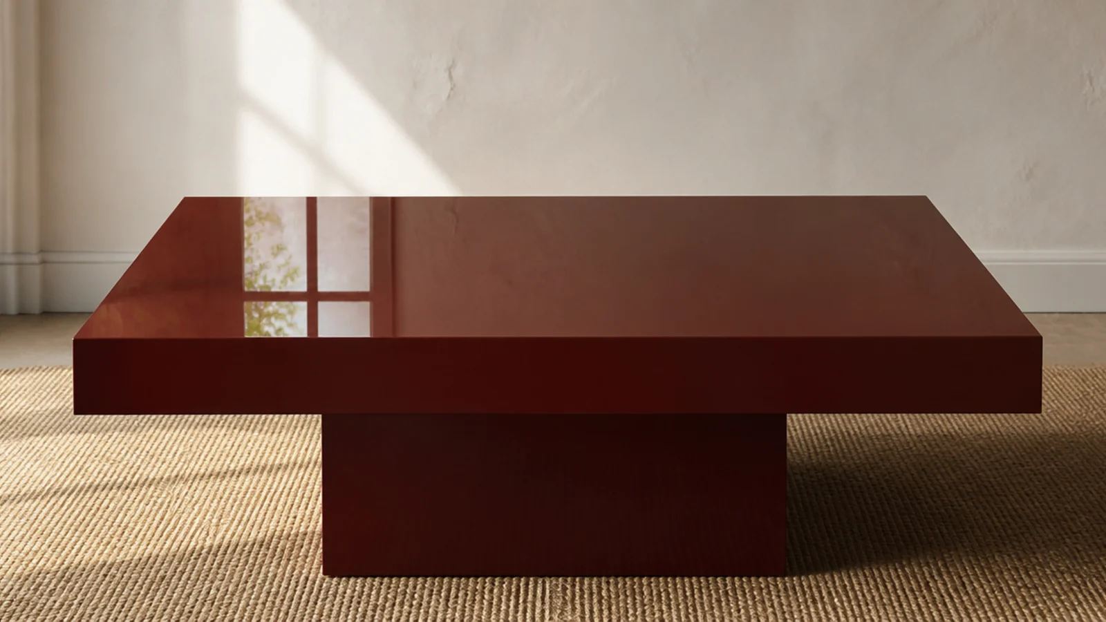 glossy oxblood lacquered plinth table against a pale plaster wall