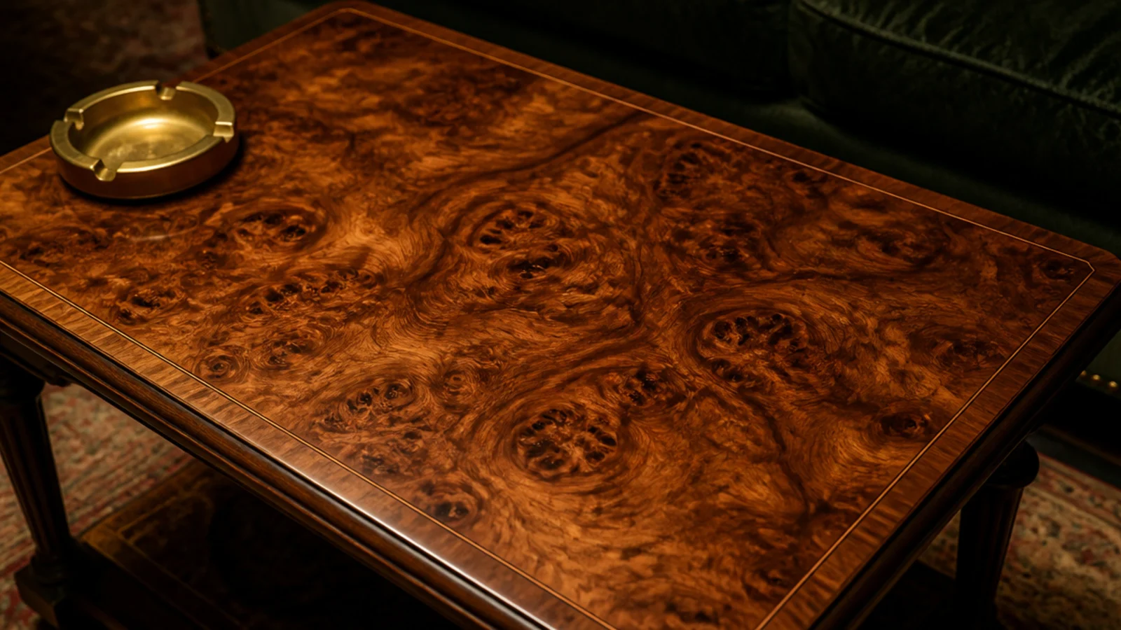 burl veneer table top with swirling figured grain catching lamplight