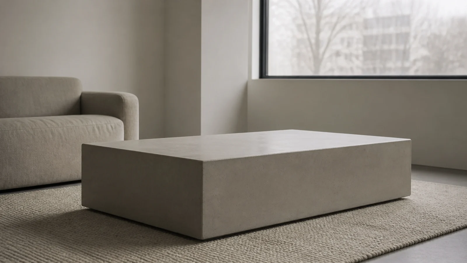 monolithic concrete block table standing alone on a pale wool rug