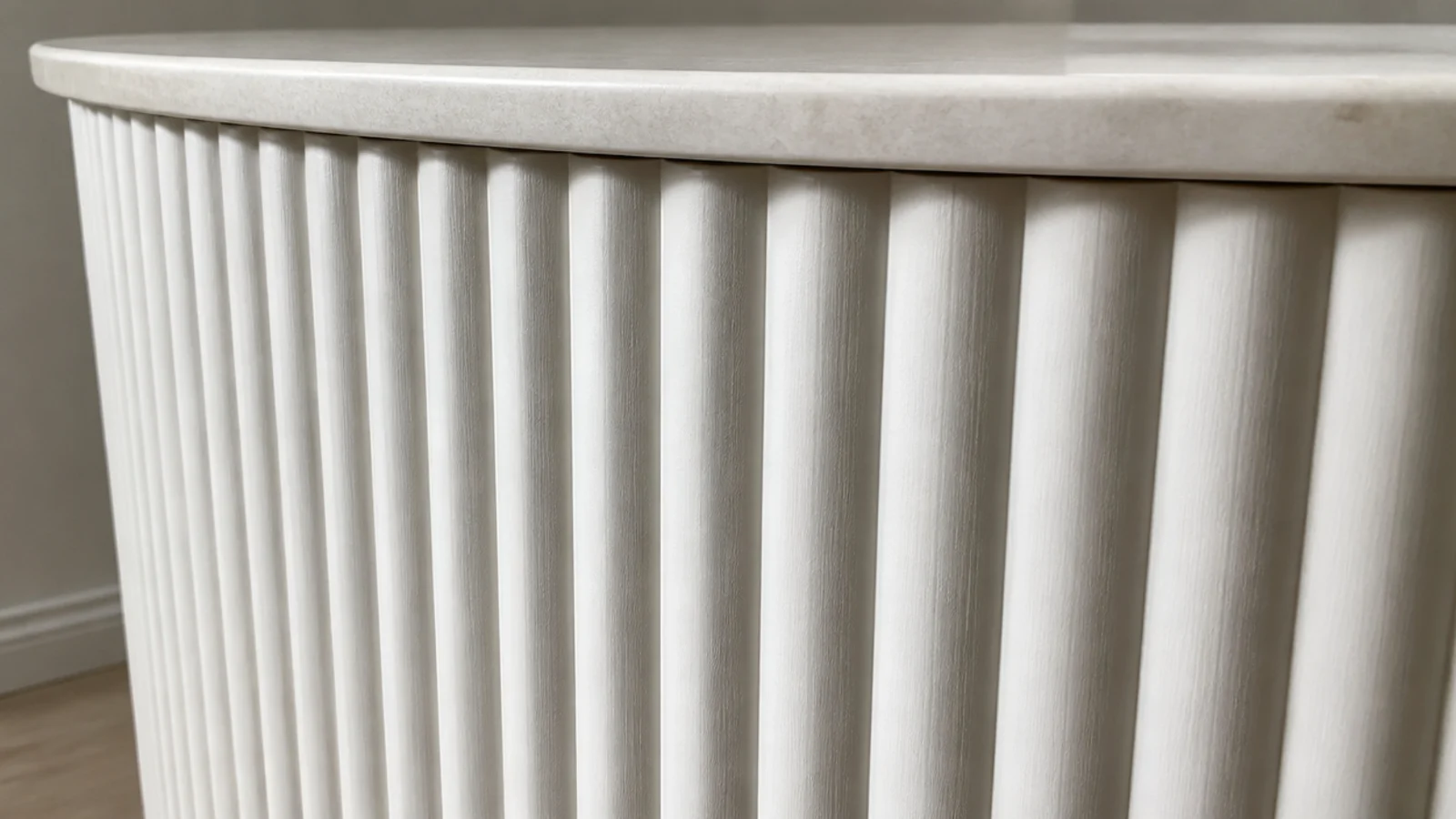 fluted timber table side built from half round dowel trim strips