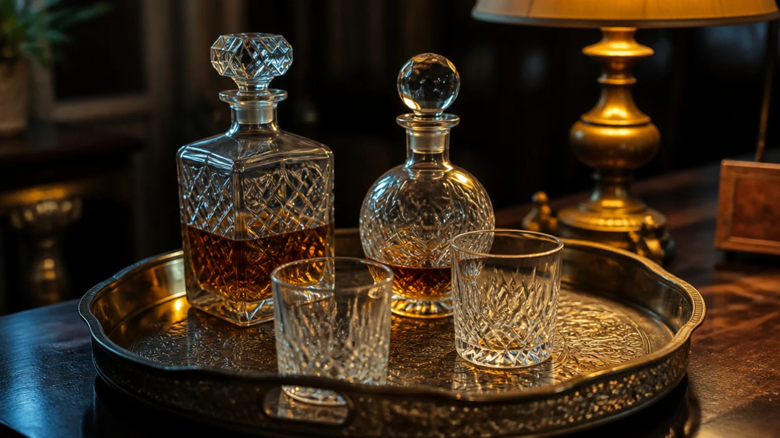 engraved vintage brass tray holding decanters on a dark timber table