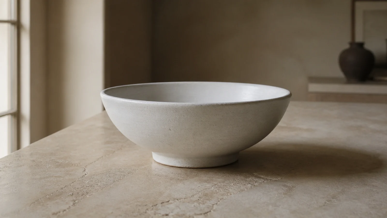 oversized ceramic bowl dominating an otherwise empty stone table top