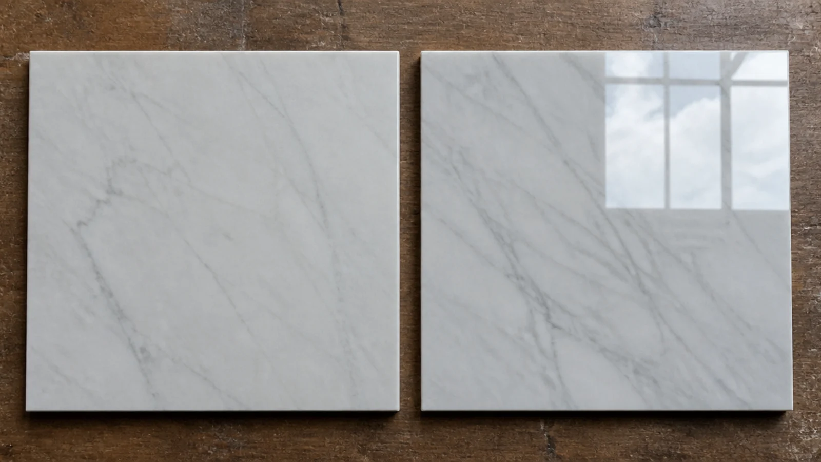 honed marble surface reflecting almost no light beside a polished sample