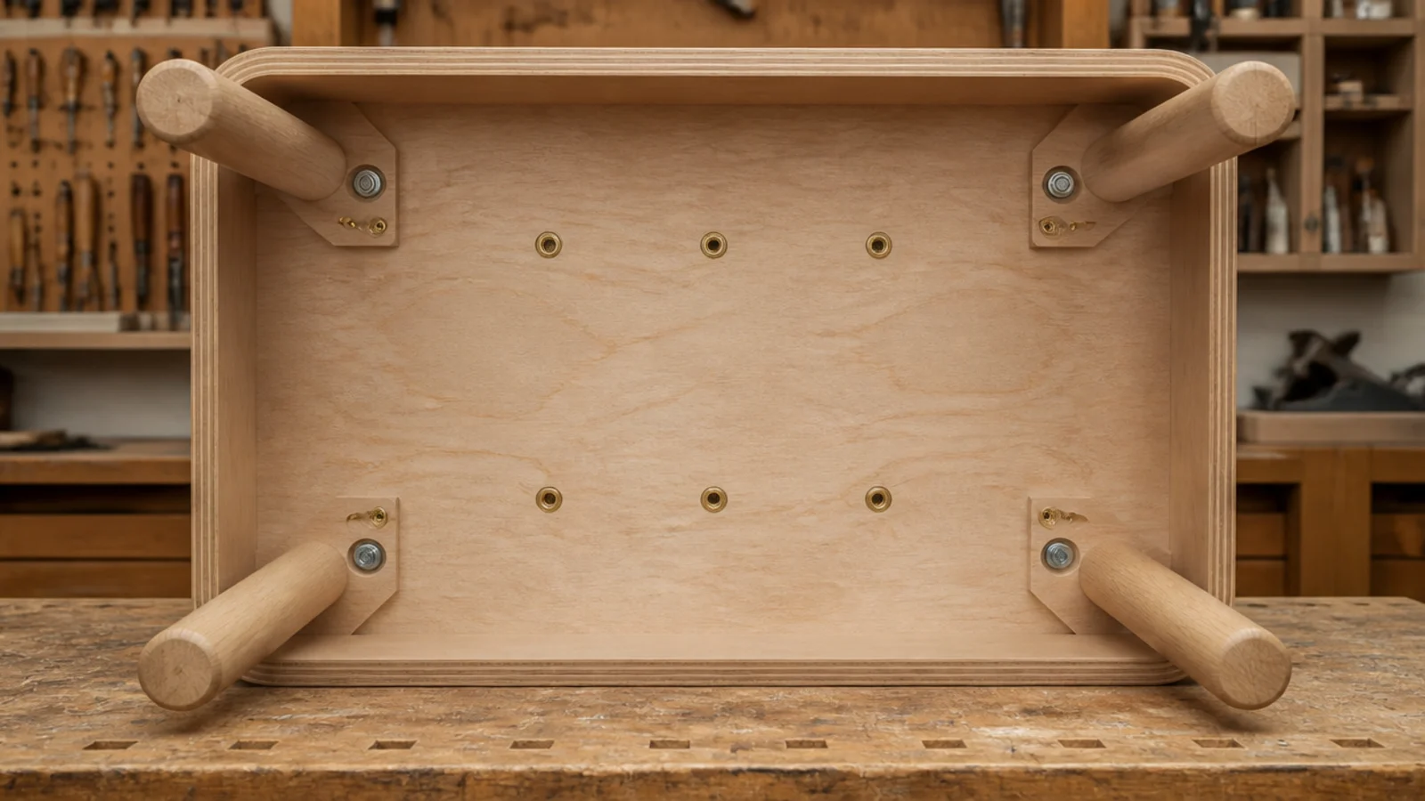 underside of a table showing concealed threaded inserts and no visible screws