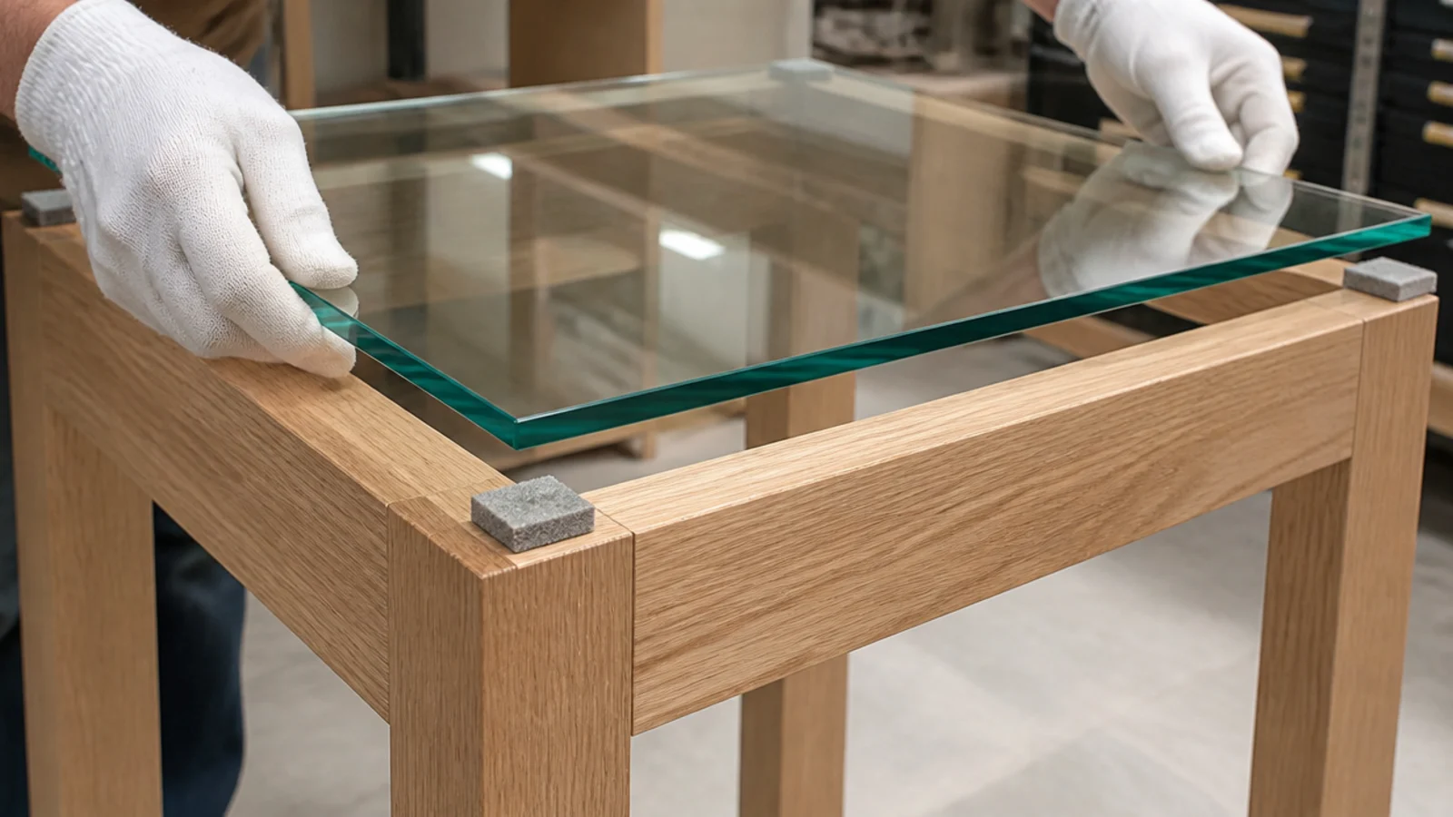 custom cut glass top with polished edges resting on a timber frame
