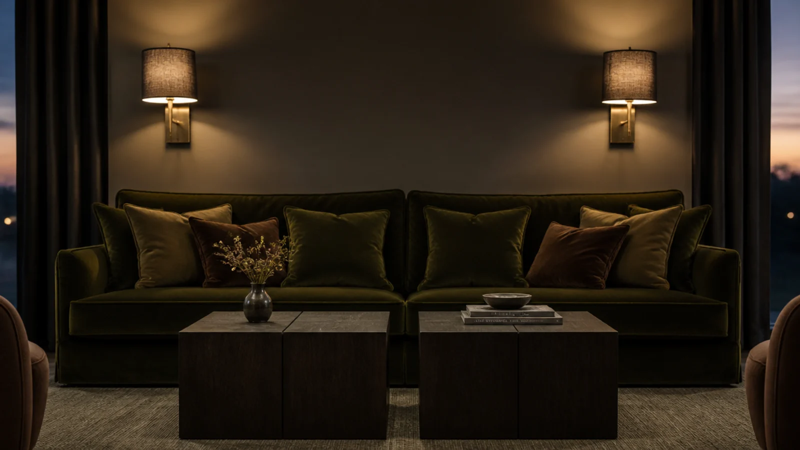 two identical cube tables placed symmetrically before a long sofa