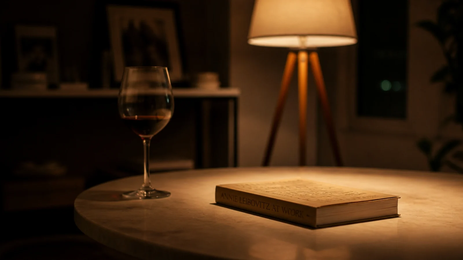 warm lamplight falling across a stone table top in a dim room