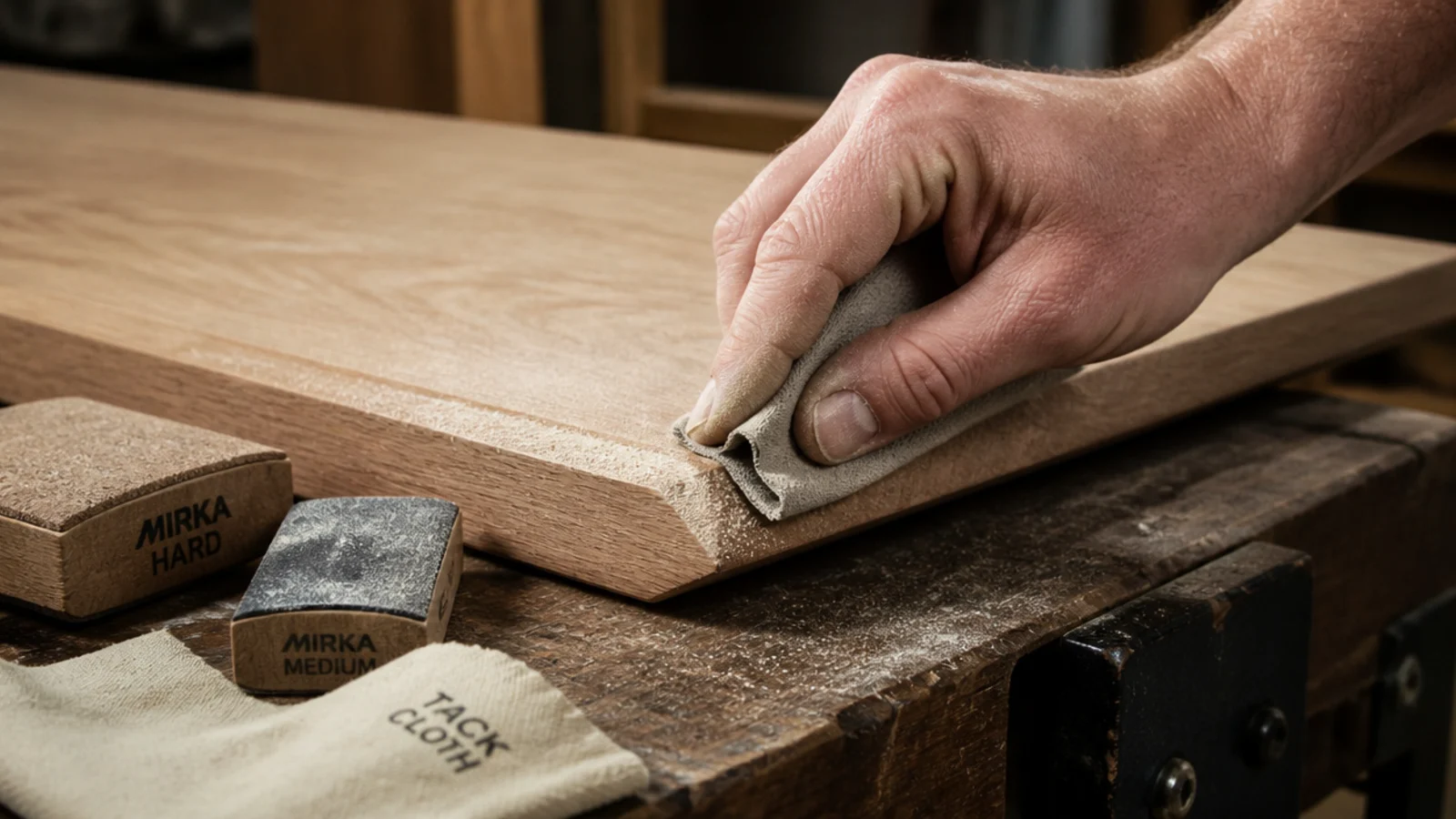 hand sanding a timber table edge with fine paper and dust visible