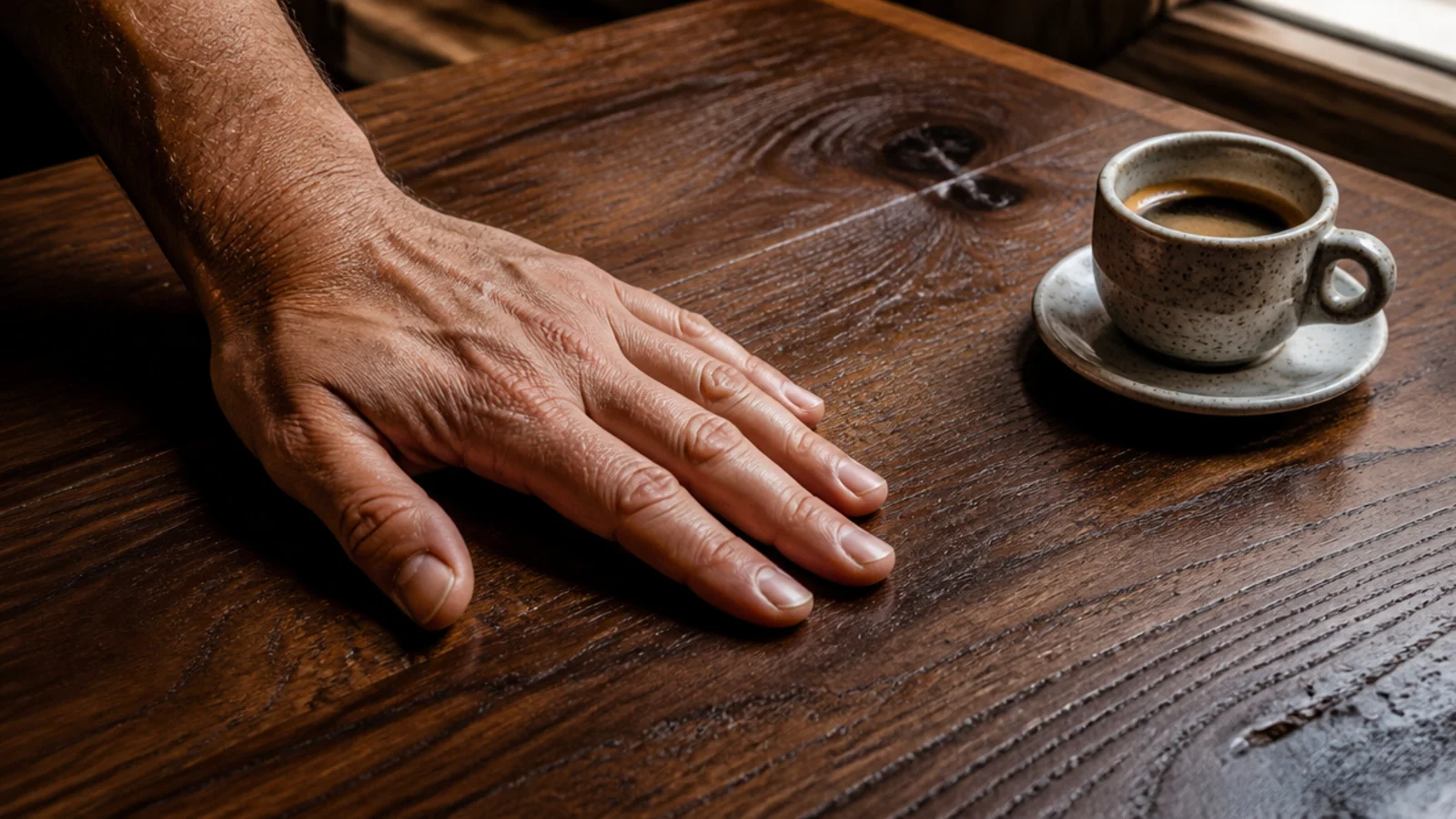 hand resting on a warm oiled timber table surface beside a cup