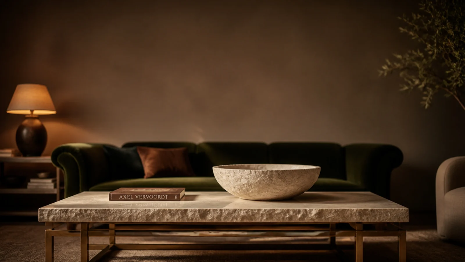tall view of a luxury look center table living room with stone and brass