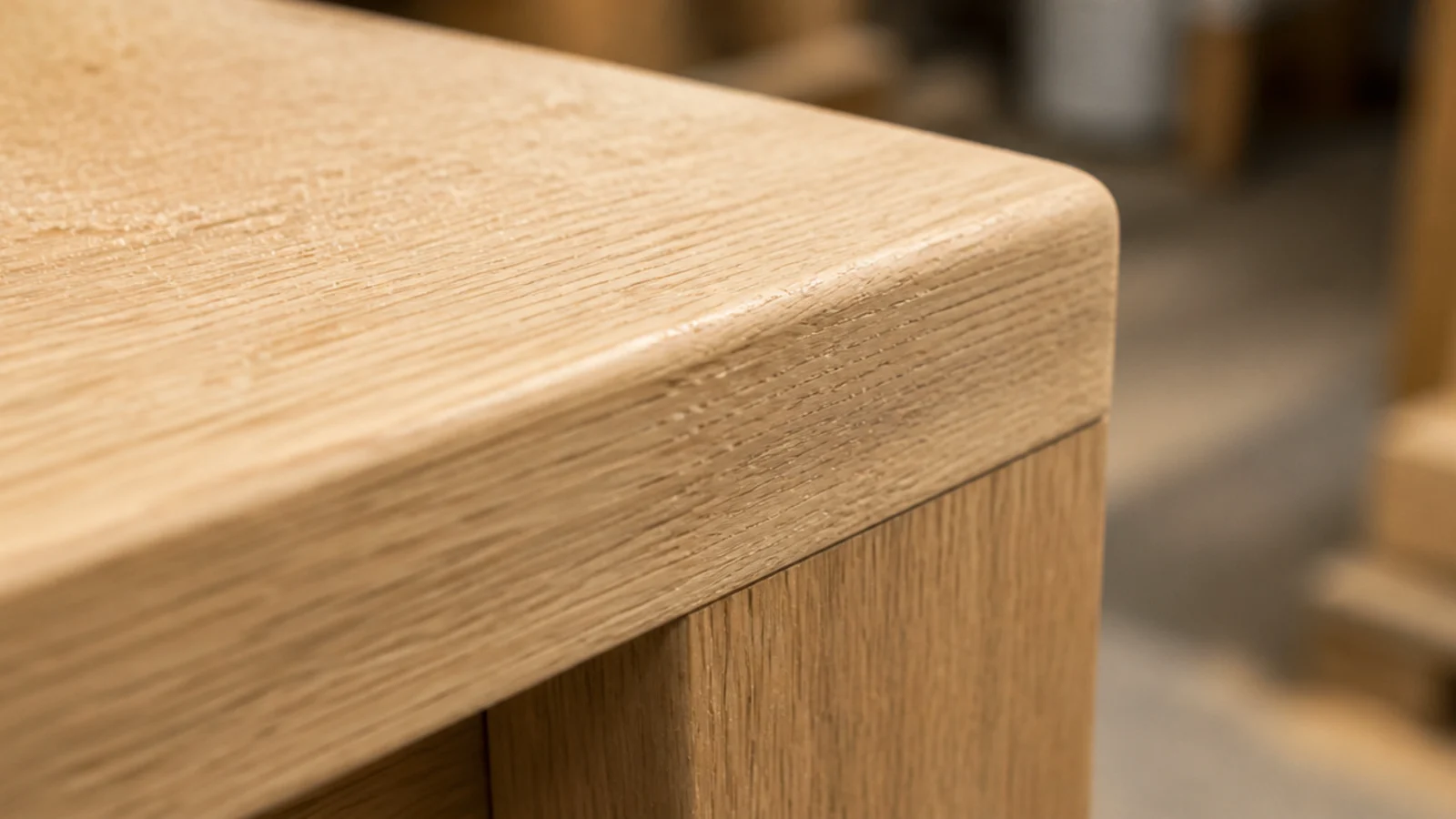 solid oak table edge showing grain wrapping from top face to side