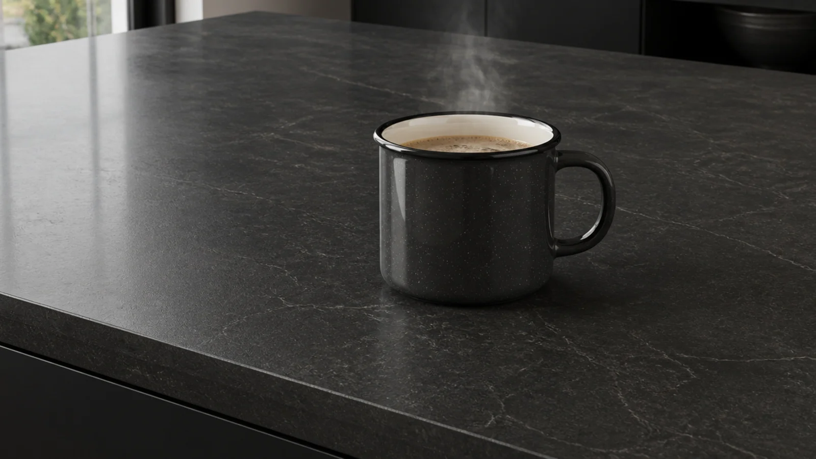 dark sintered stone table surface with a hot mug set directly on it
