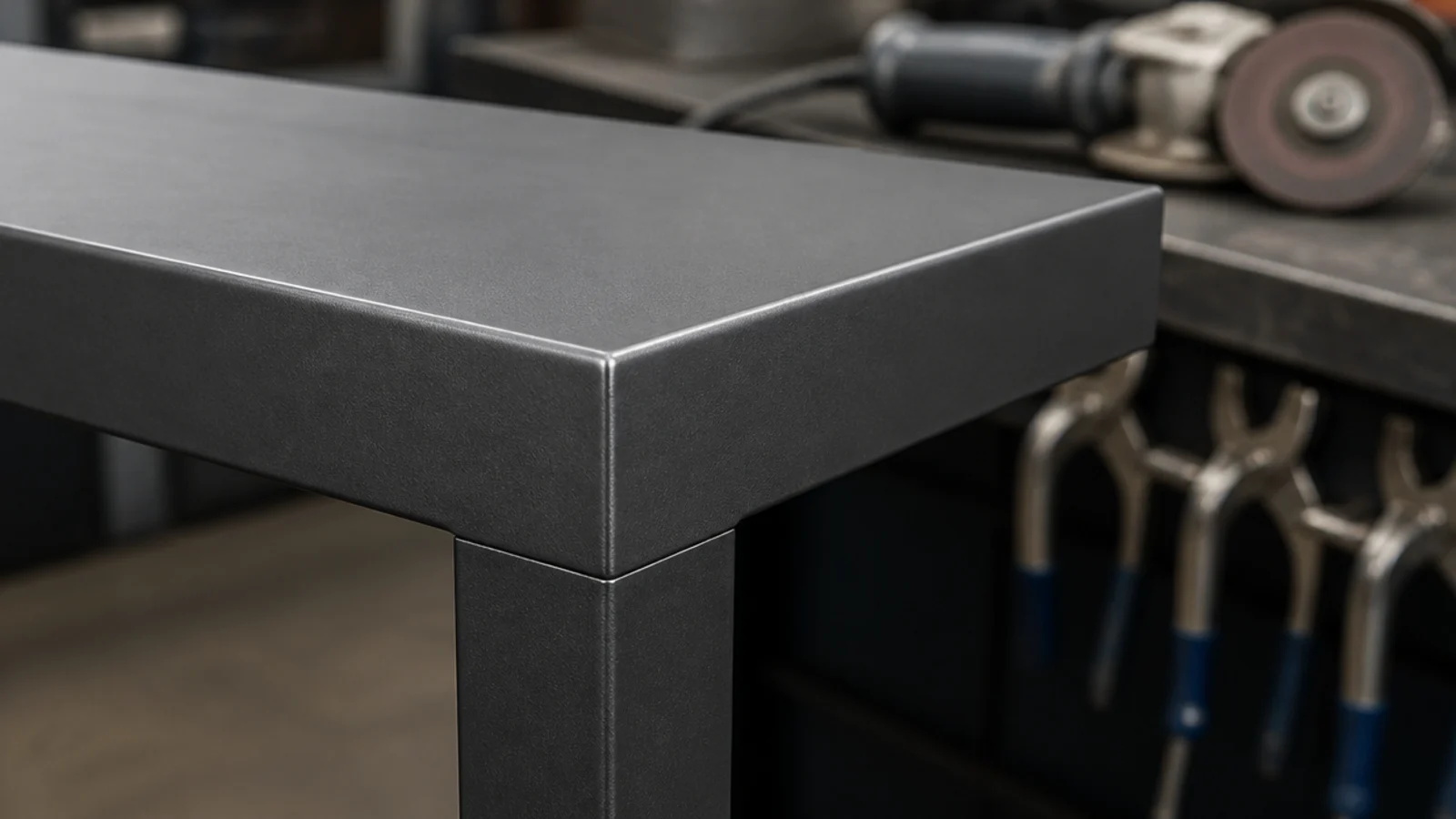 ground and painted weld joint at the corner of a steel table frame