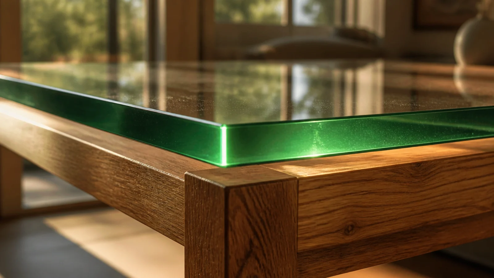 thick tempered glass edge catching light above a wooden table frame