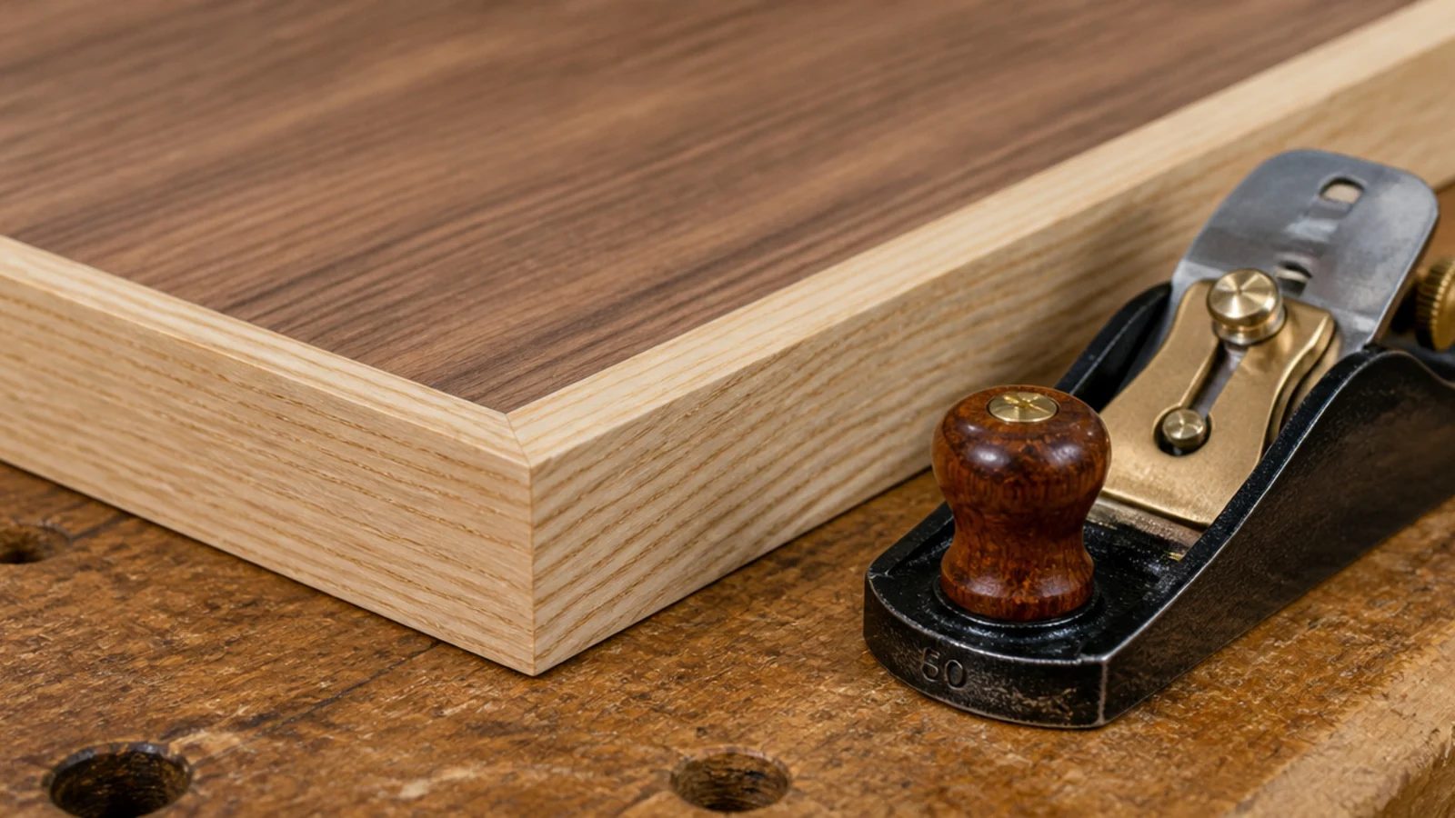 thick solid timber lipping applied to the edge of a veneered top