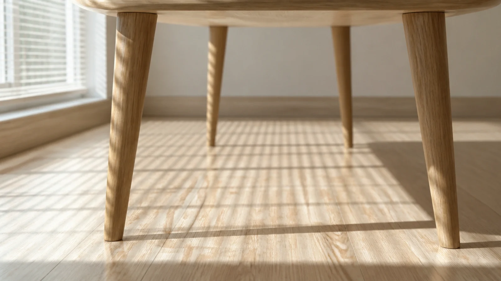 four slim tapered legs supporting a light table above bare floorboards