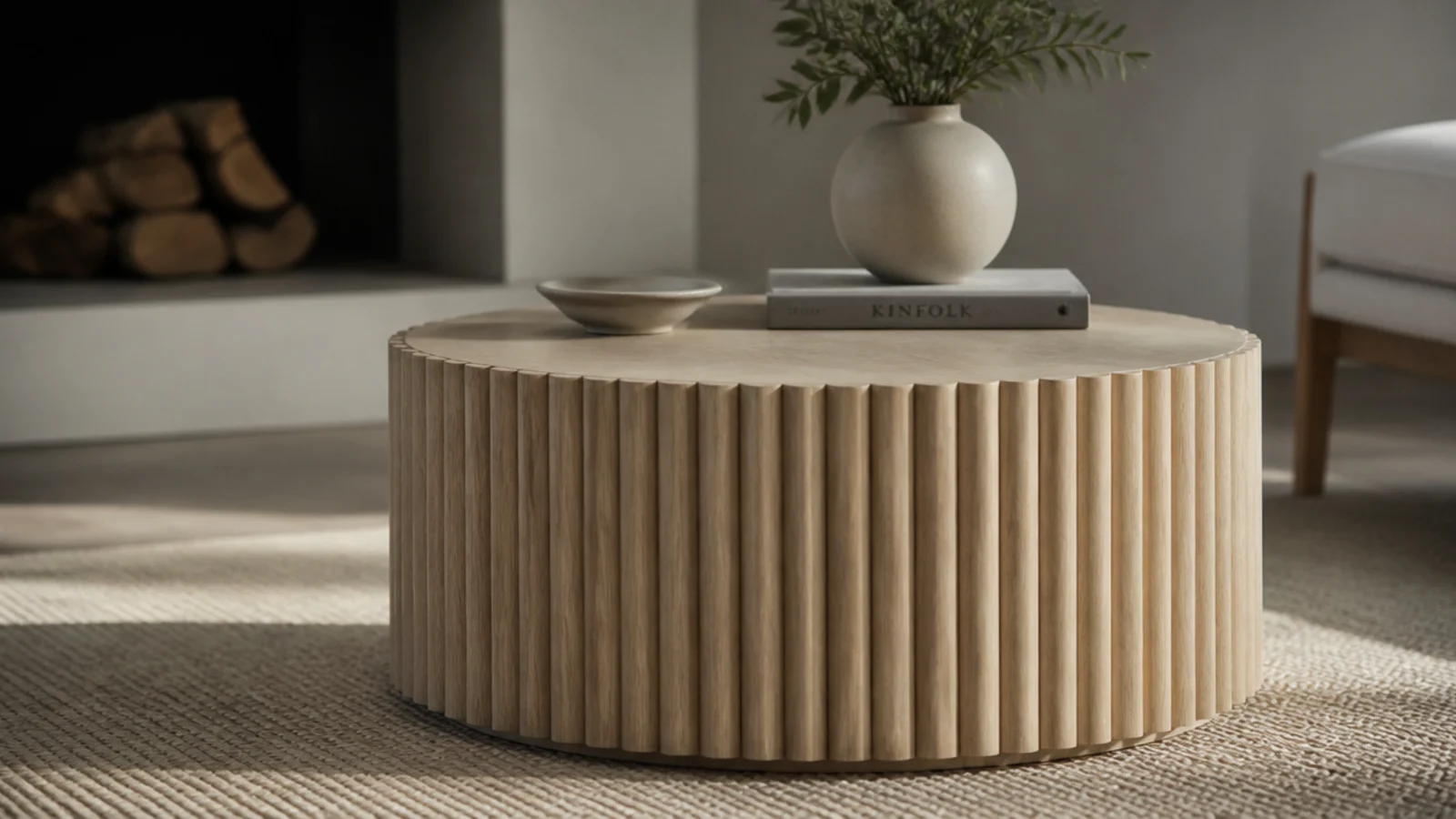 round fluted drum table with vertical grooves cut into the sides