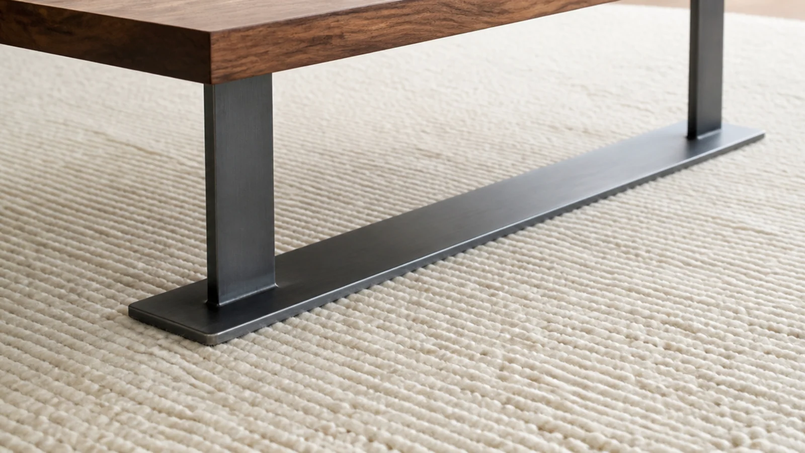 flat sled base table sitting evenly on a thick pile wool rug