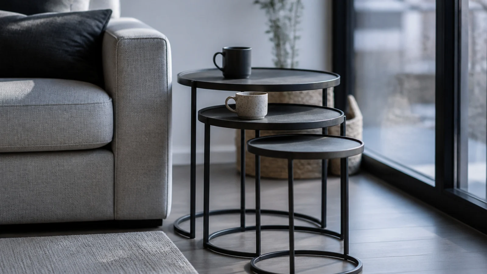three stacked nesting tables in graduated sizes and matching finish