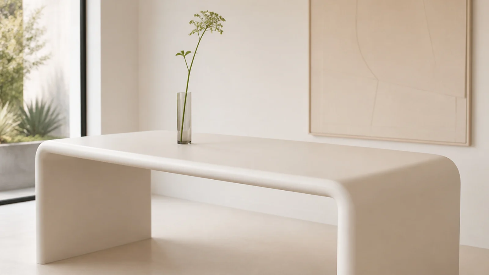 seamless white solid surface table with a rounded integrated edge