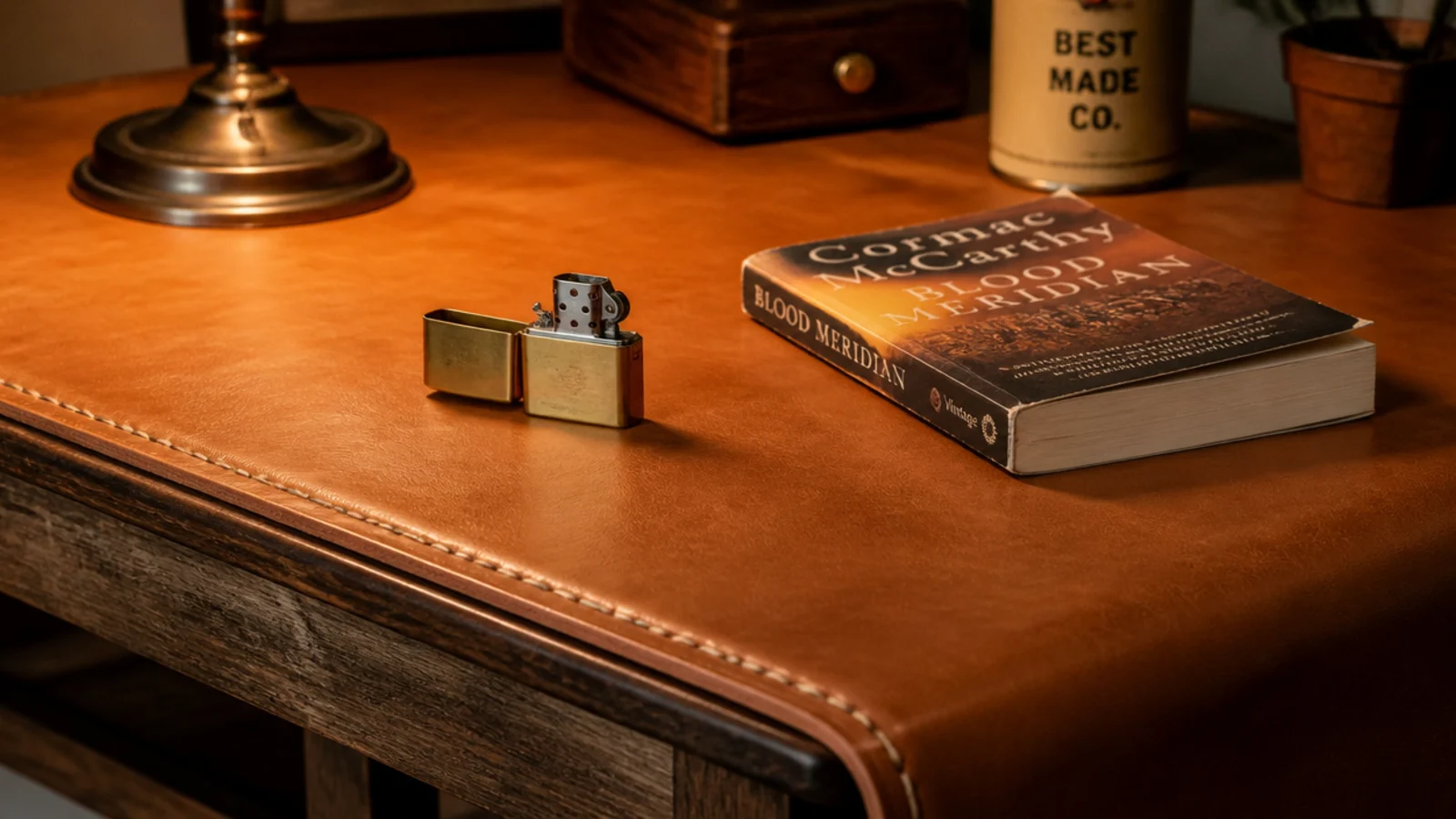 saddle leather wrapped table top with hand stitching along the edge