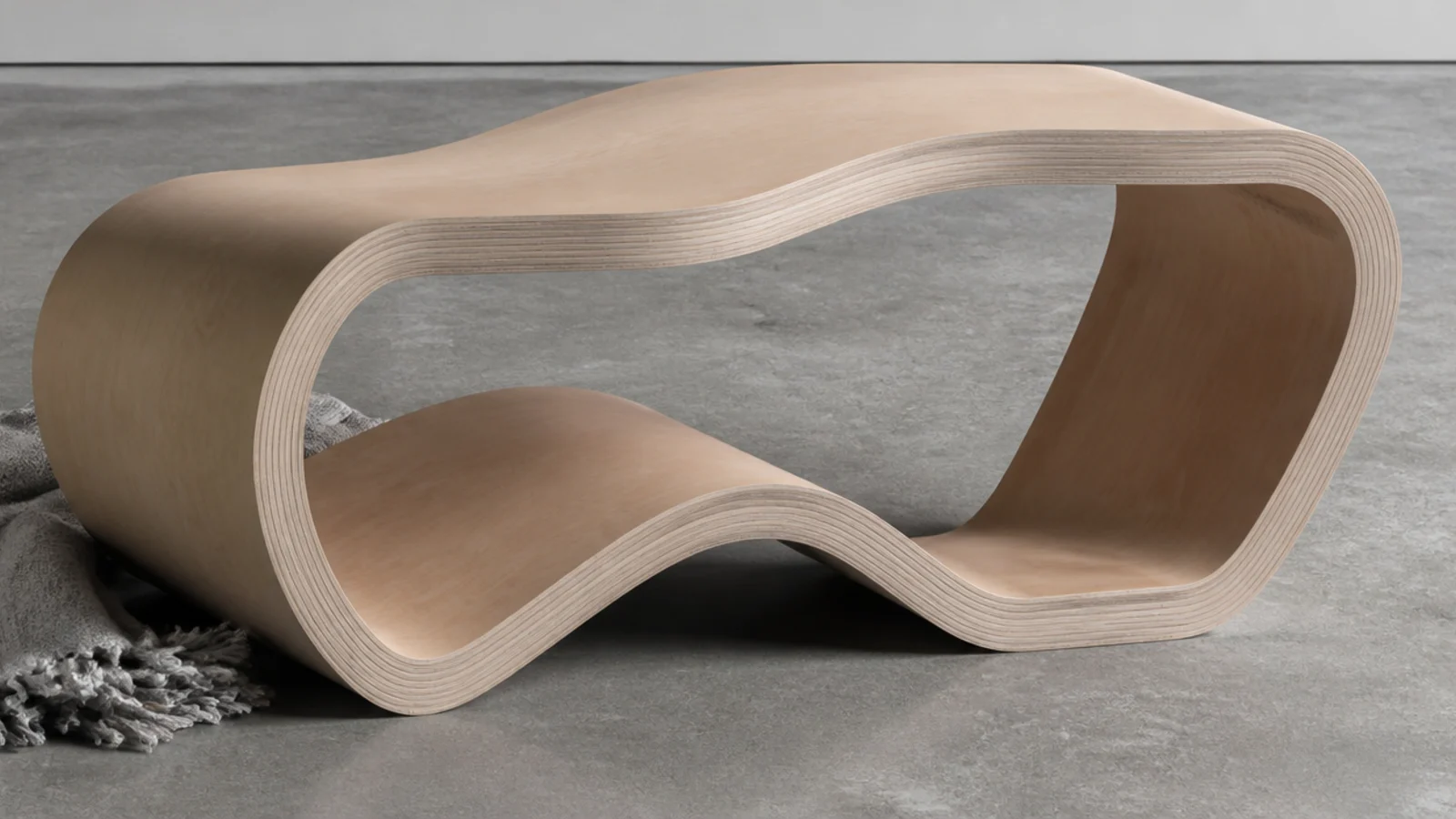 curved bent plywood table base showing layered laminations at the edge