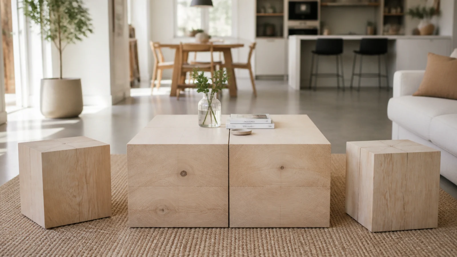 four matching cube tables pushed together to form one larger surface