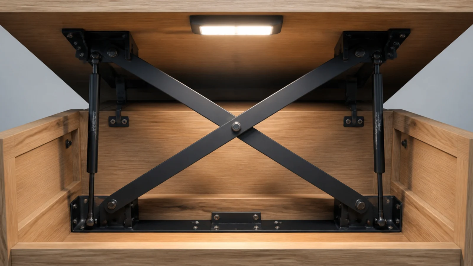 gas strut mechanism visible under a raised lift top table surface