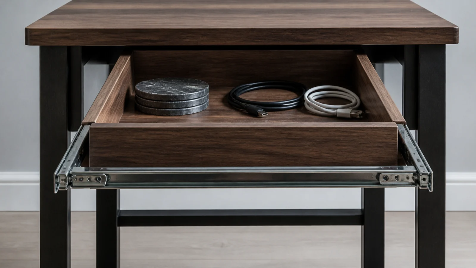 full extension ball bearing drawer runner pulled out under a table