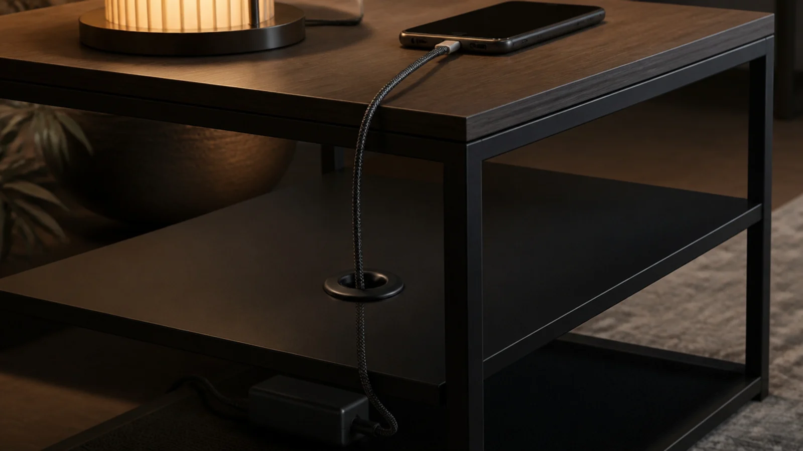 charging cable running through a neat grommet in a table shelf