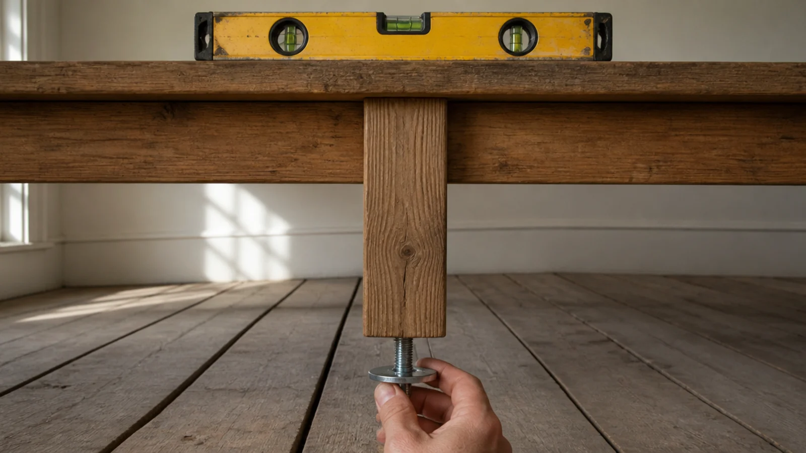 threaded levelling glide being turned under a table leg with fingers