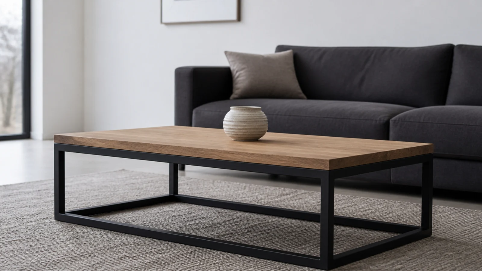 matte black metal frame paired with a warm oak table surface
