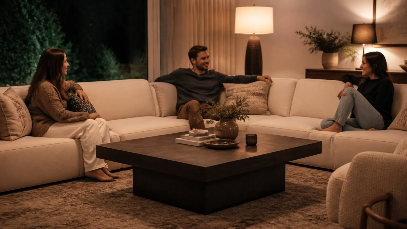 long rectangular table centred within a large L shaped sectional