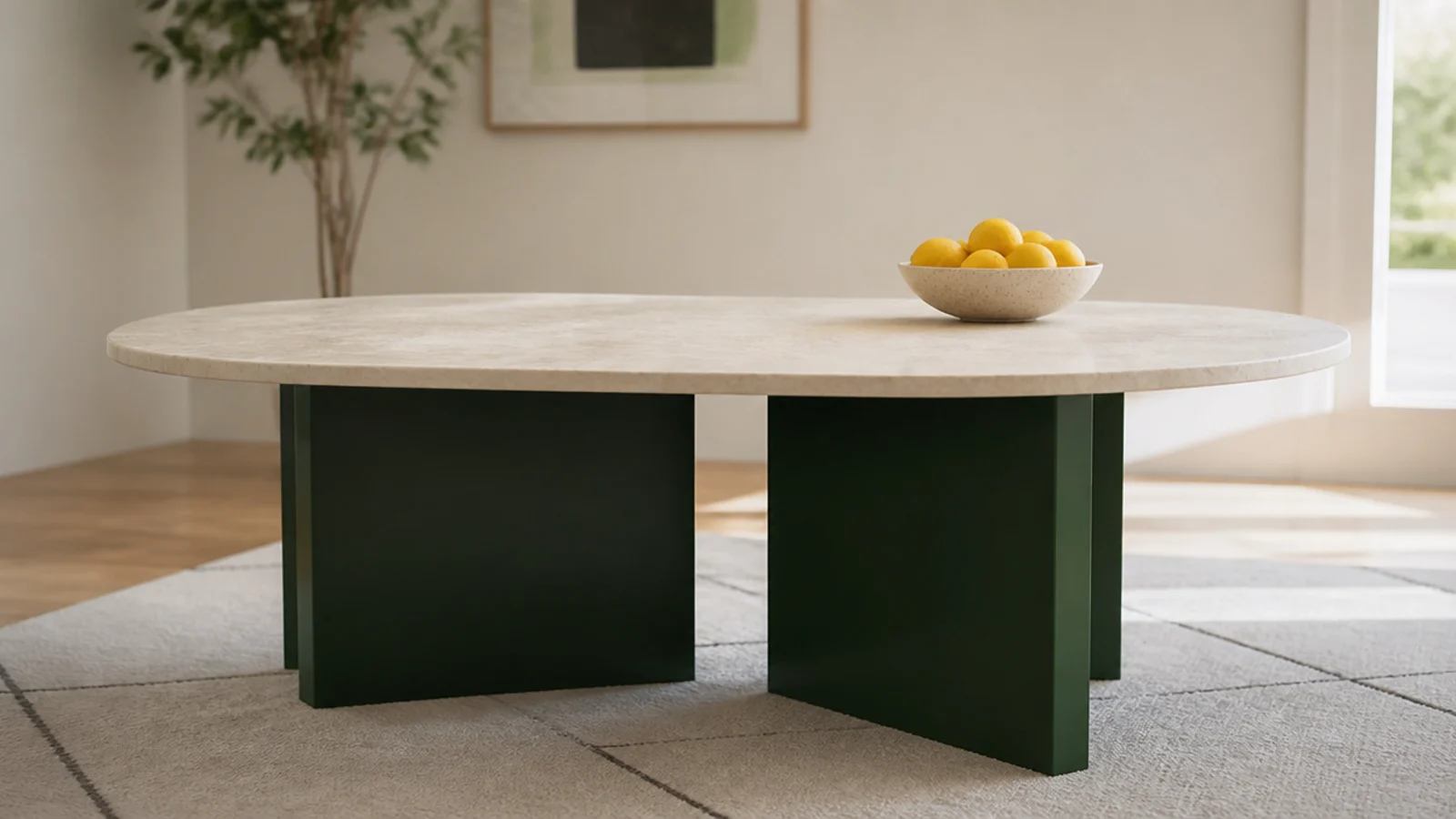 pale stone table top carried on a deep green painted steel base