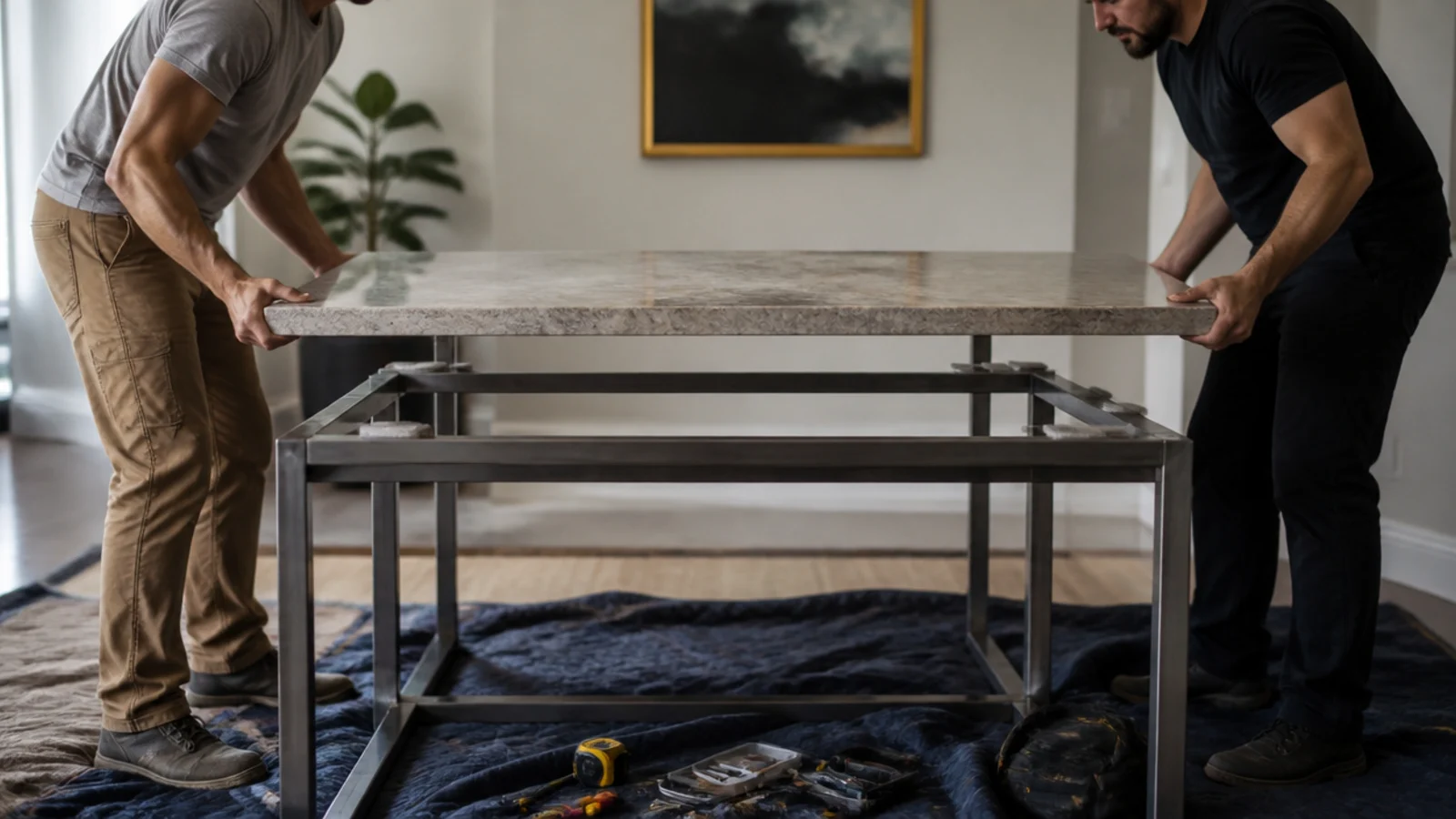 stone table top being lifted clear of its frame by two people