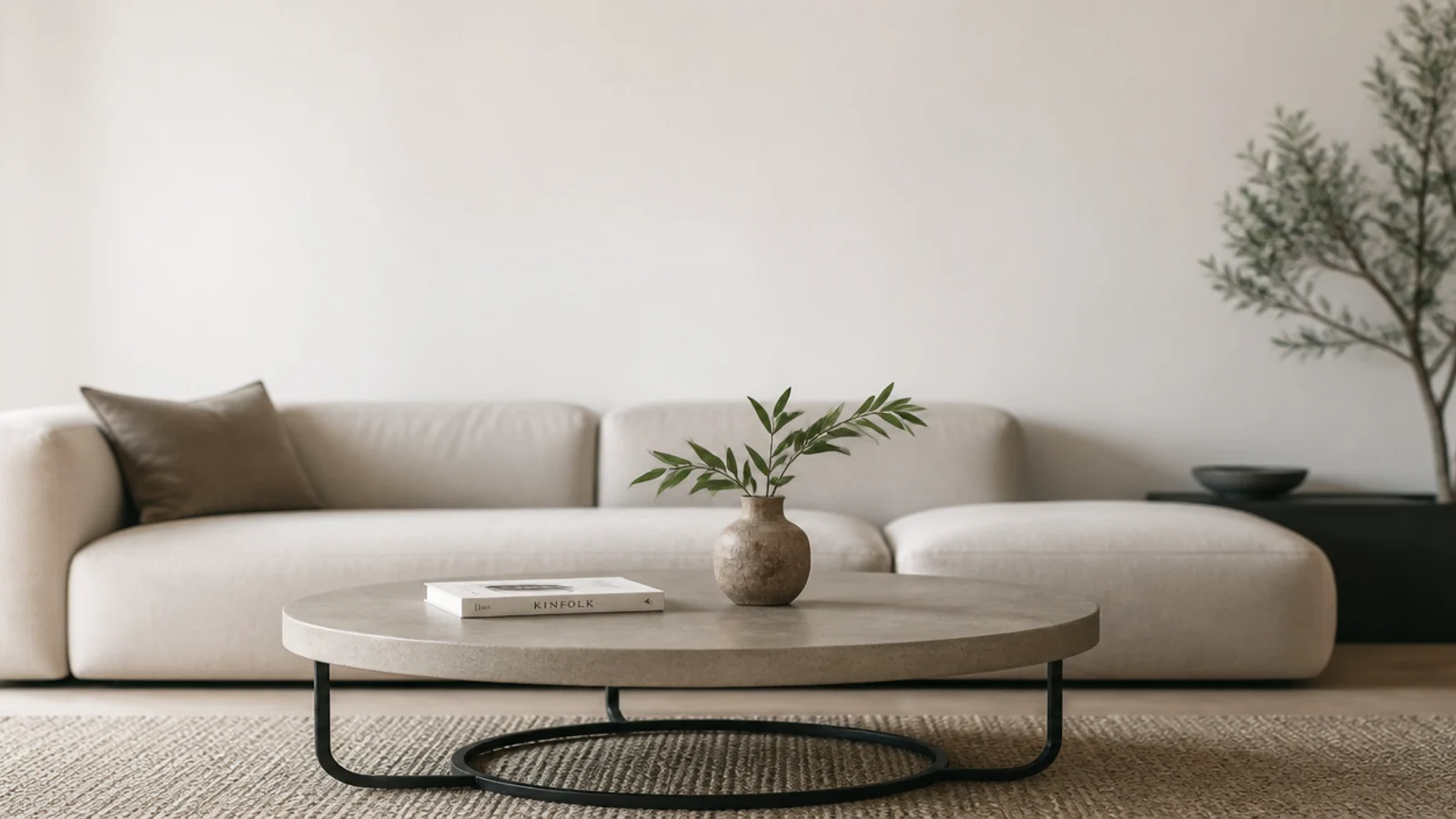 tall modern center table living room view with stone top and black frame