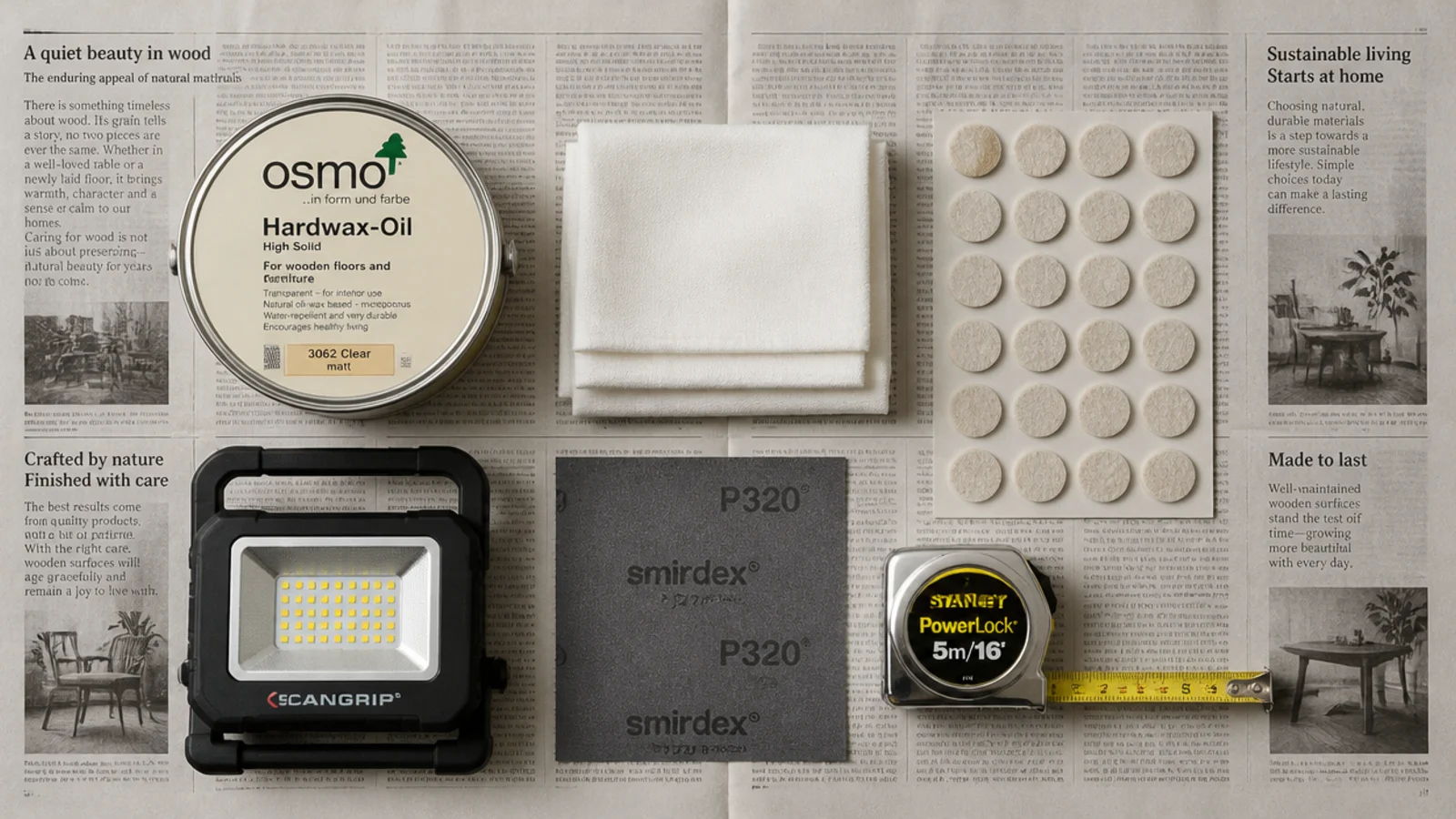 hardwax oil cloths felt pads and a tape measure laid out on newspaper