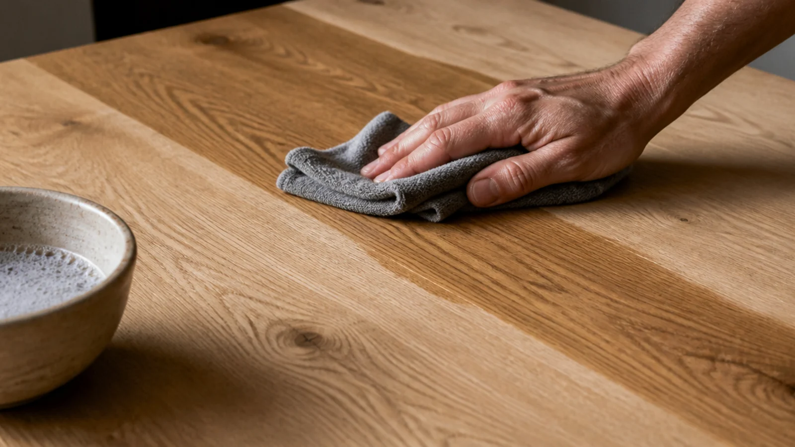 barely damp cloth wiping along the grain of a bare timber top