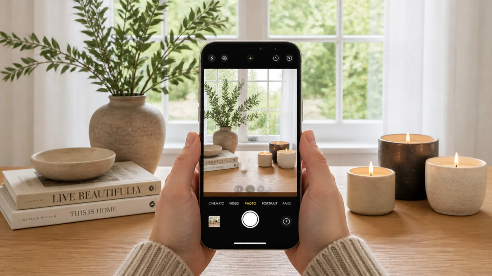 phone held above a styled wooden table capturing the arrangement