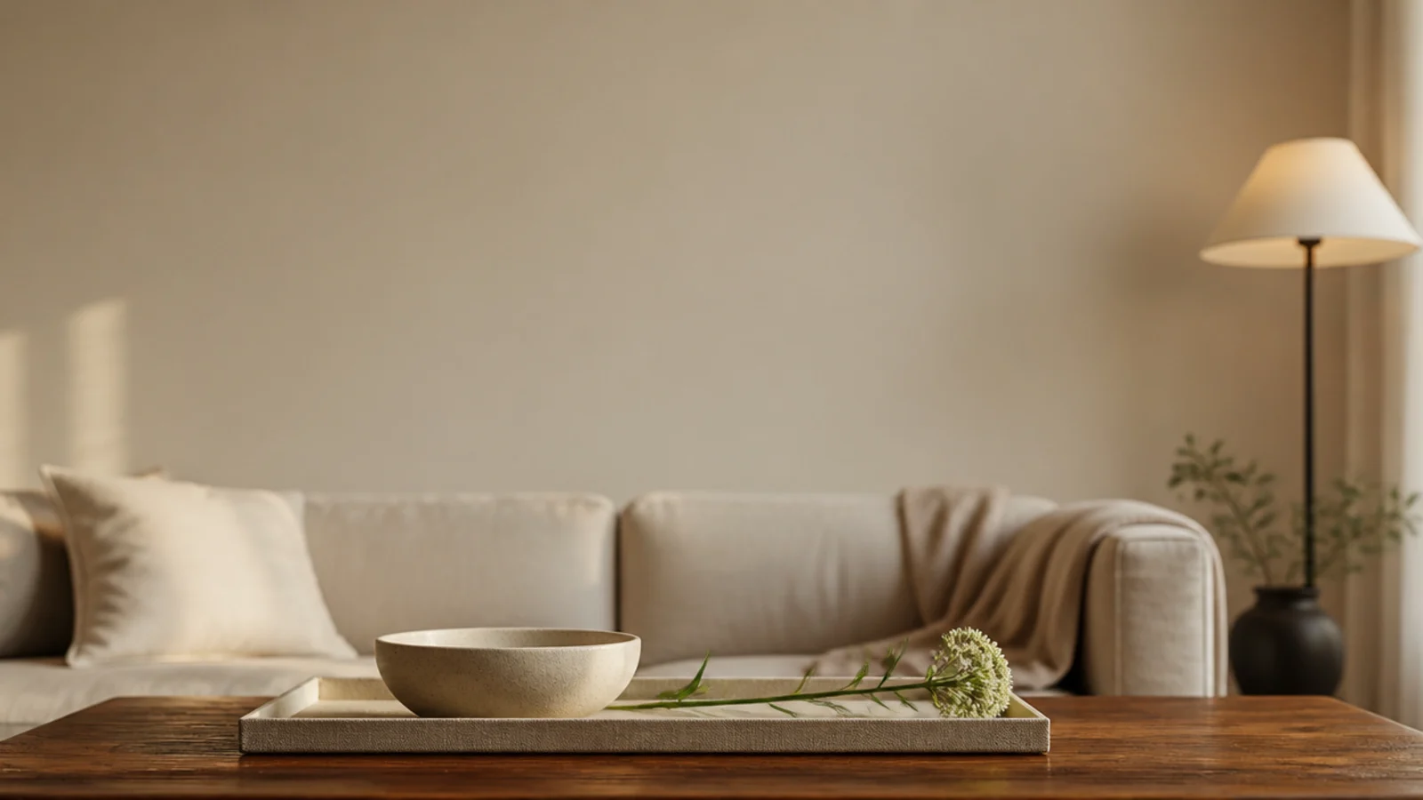 tall wooden modern center table styled with tray bowl and single stem