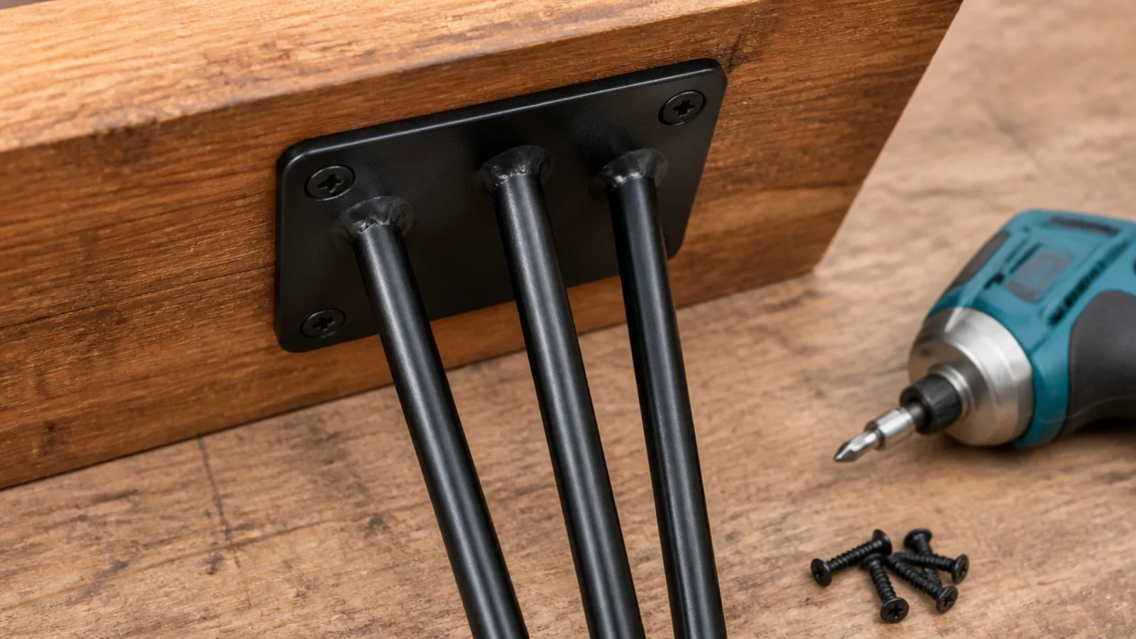 three rod hairpin leg bolted to the underside of a timber top