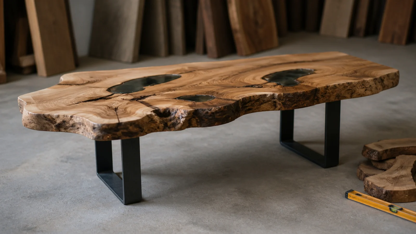 live edge timber slab resting on two flat bar steel legs