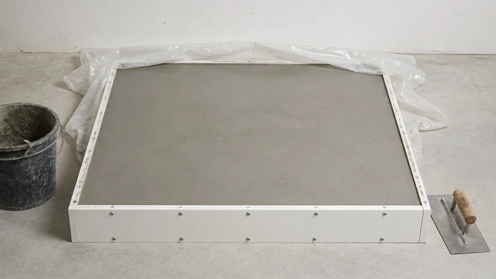 freshly cast concrete table top curing inside its melamine mould